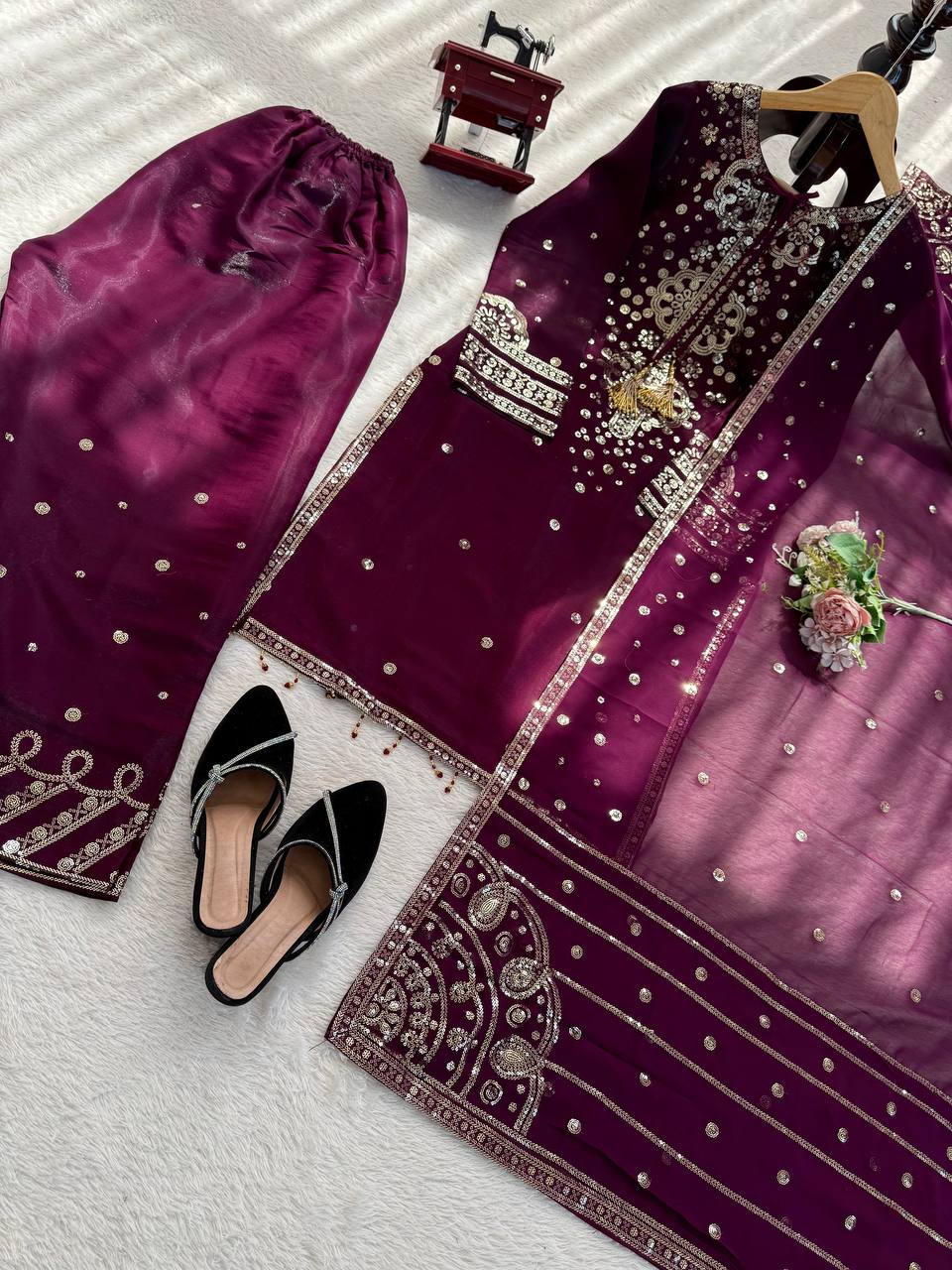 Party Wear Premium Silk Embroidered 3-Piece Wine Color Set