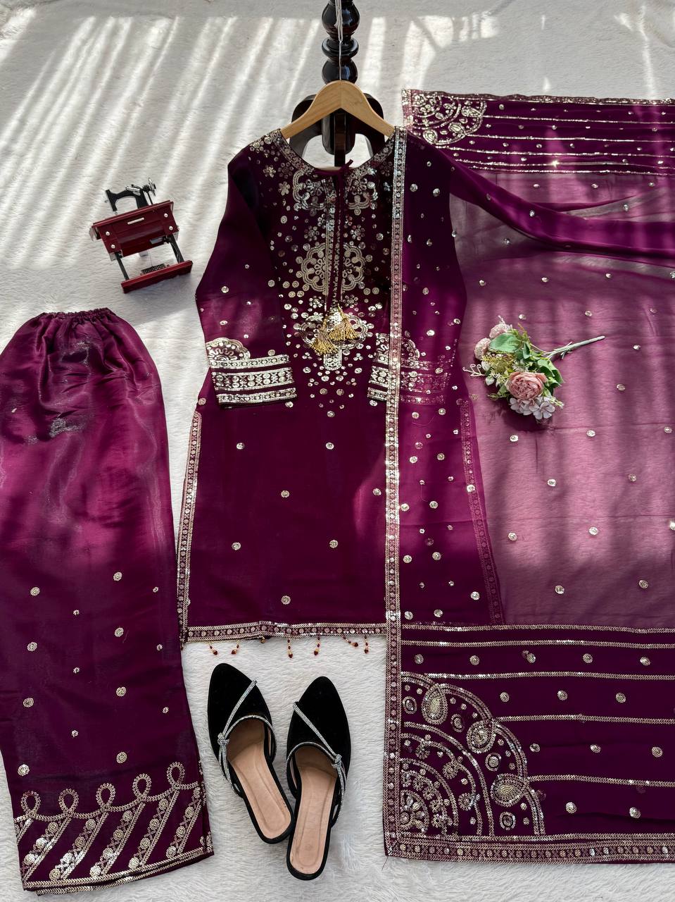 Party Wear Premium Silk Embroidered 3-Piece Wine Color Set