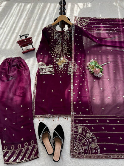 Party Wear Premium Silk Embroidered 3-Piece Wine Color Set