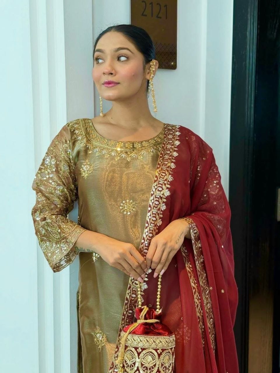 Golden Ready-to-Wear 3-Piece Fancy Silk Kurti Set with Contrast Maroon Dupatta