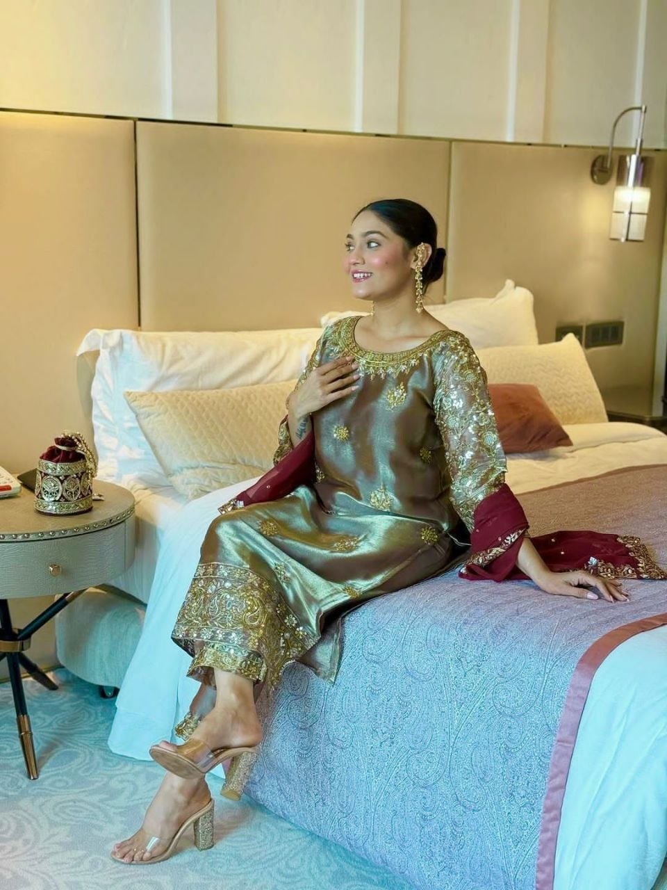 Golden Ready-to-Wear 3-Piece Fancy Silk Kurti Set with Contrast Maroon Dupatta