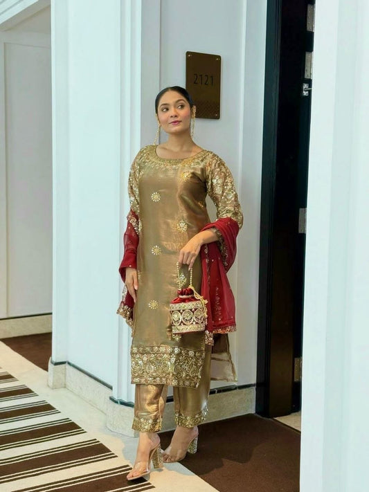 Golden Ready-to-Wear 3-Piece Fancy Silk Kurti Set with Contrast Maroon Dupatta