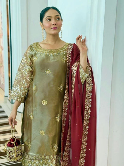 Golden Ready-to-Wear 3-Piece Fancy Silk Kurti Set with Contrast Maroon Dupatta