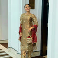 Golden Ready-to-Wear 3-Piece Fancy Silk Kurti Set with Contrast Maroon Dupatta