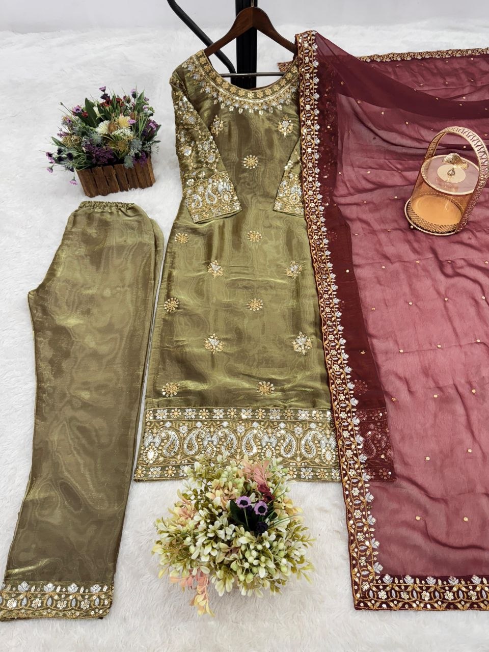Golden Ready-to-Wear 3-Piece Fancy Silk Kurti Set with Contrast Maroon Dupatta