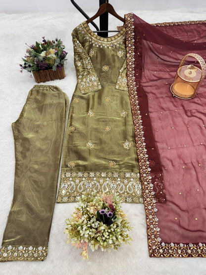 Golden Ready-to-Wear 3-Piece Fancy Silk Kurti Set with Contrast Maroon Dupatta