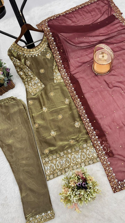 Golden Ready-to-Wear 3-Piece Fancy Silk Kurti Set with Contrast Maroon Dupatta