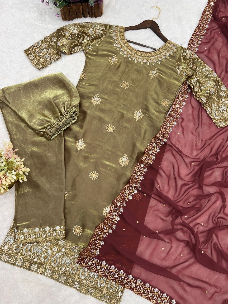 Golden Ready-to-Wear 3-Piece Fancy Silk Kurti Set with Contrast Maroon Dupatta