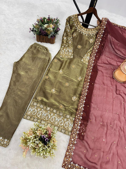 Golden Ready-to-Wear 3-Piece Fancy Silk Kurti Set with Contrast Maroon Dupatta