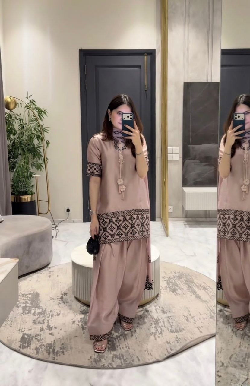 Dusty Pink Designer Crepe Silk Party Wear Top with Farshi Salwar Suit