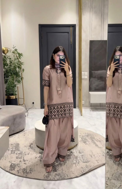 Dusty Pink Designer Crepe Silk Party Wear Top with Farshi Salwar Suit