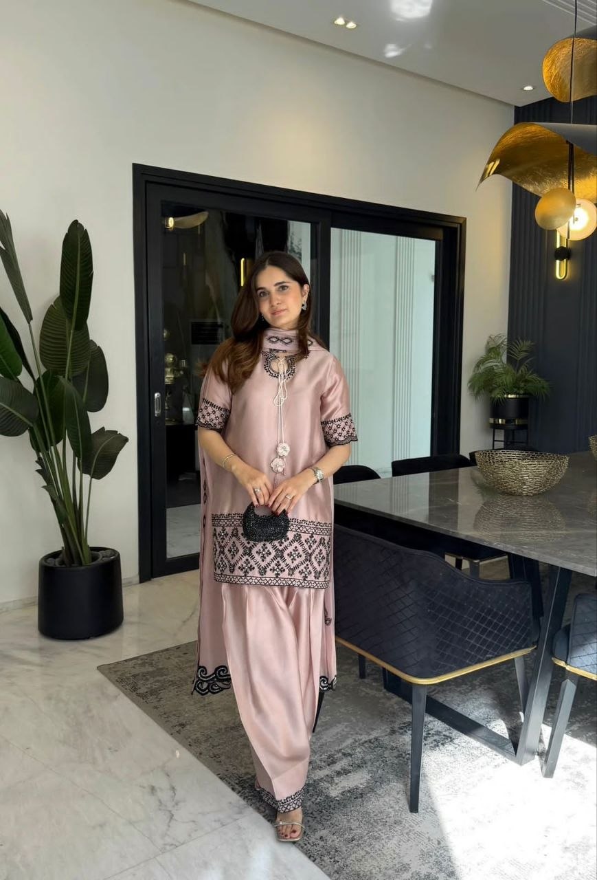 Dusty Pink Designer Crepe Silk Party Wear Top with Farshi Salwar Suit