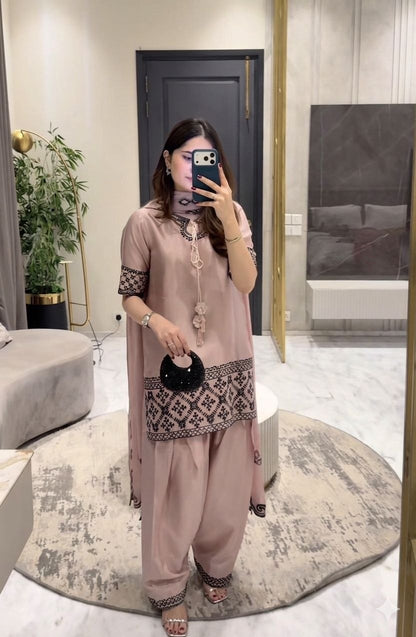 Dusty Pink Designer Crepe Silk Party Wear Top with Farshi Salwar Suit