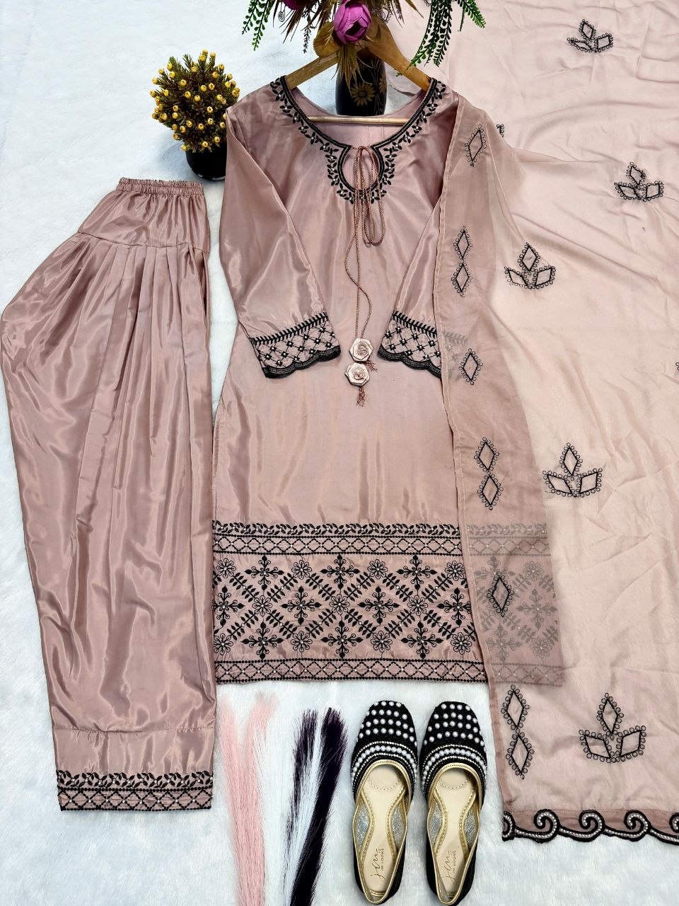 Dusty Pink Designer Crepe Silk Party Wear Top with Farshi Salwar Suit