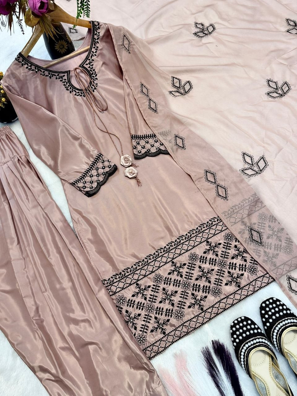 Dusty Pink Designer Crepe Silk Party Wear Top with Farshi Salwar Suit