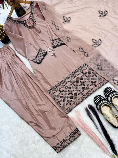 Dusty Pink Designer Crepe Silk Party Wear Top with Farshi Salwar Suit