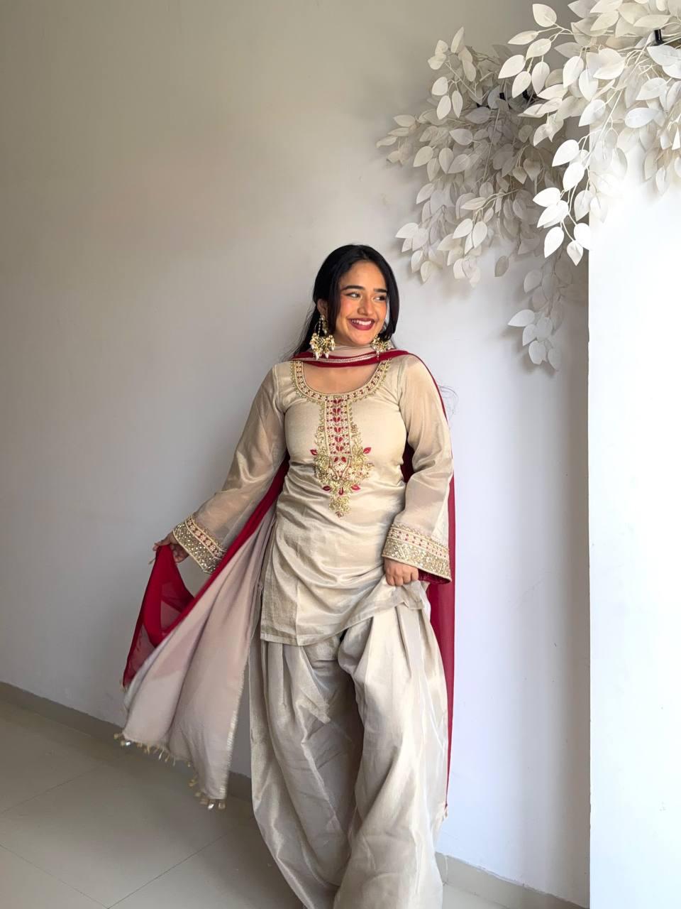 Beige Elegant Farshi Salwar Kameez Set - Fully Stitched