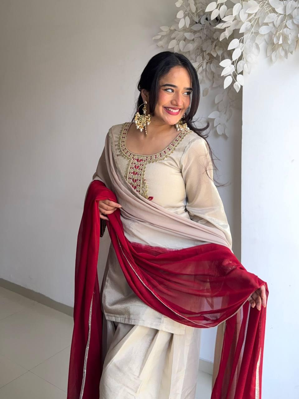 Beige Elegant Farshi Salwar Kameez Set - Fully Stitched