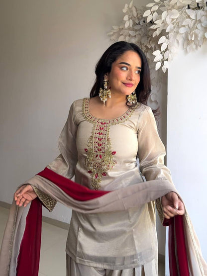 Beige Elegant Farshi Salwar Kameez Set - Fully Stitched