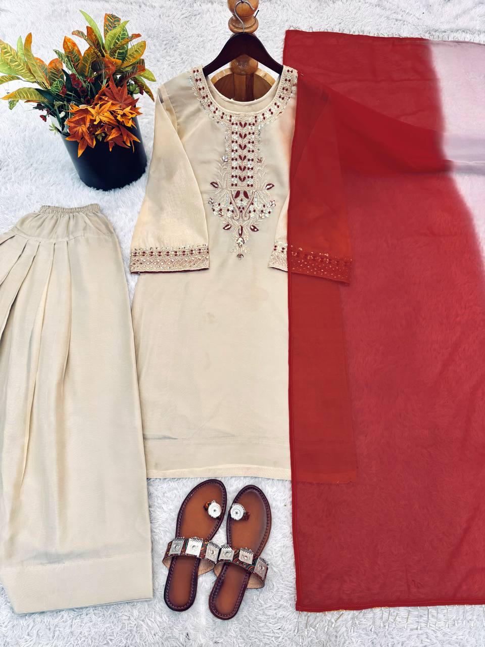 Beige Elegant Farshi Salwar Kameez Set - Fully Stitched