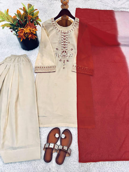 Beige Elegant Farshi Salwar Kameez Set - Fully Stitched