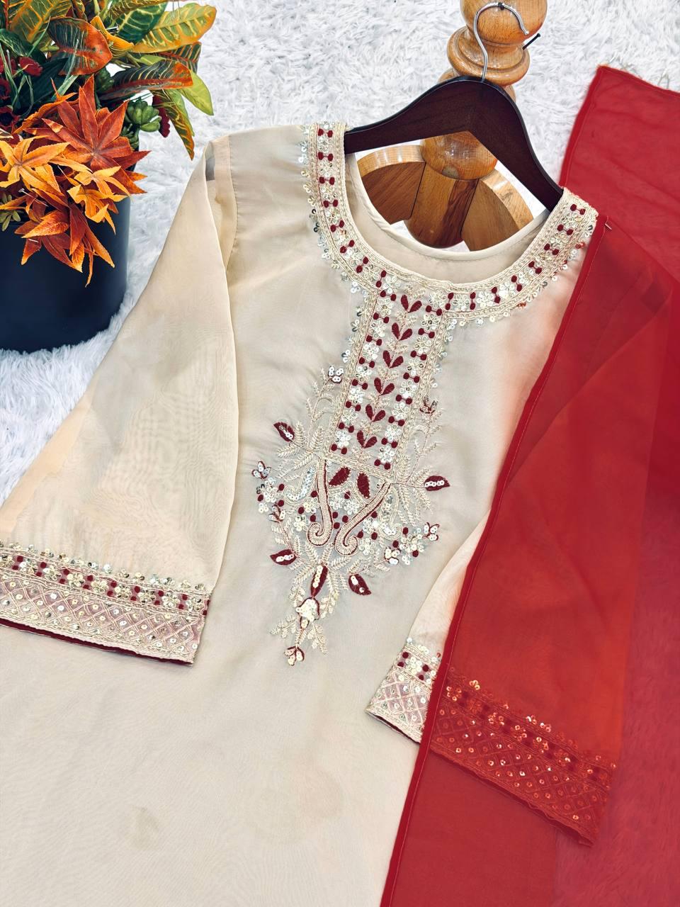 Beige Elegant Farshi Salwar Kameez Set - Fully Stitched