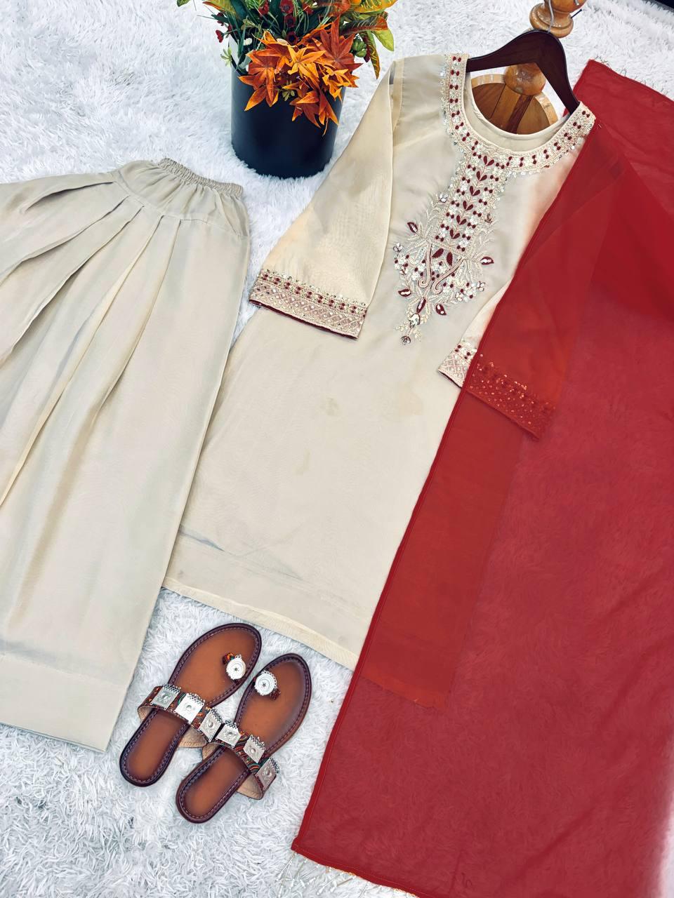 Beige Elegant Farshi Salwar Kameez Set - Fully Stitched
