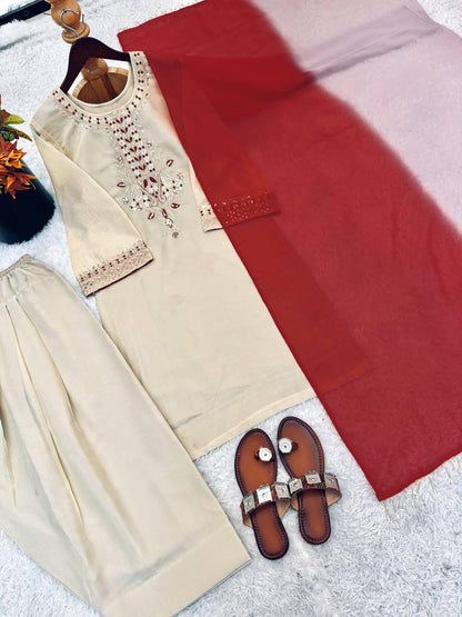 Beige Elegant Farshi Salwar Kameez Set - Fully Stitched