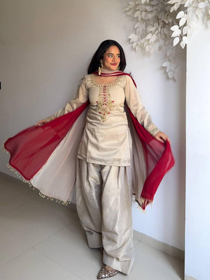 Beige Elegant Farshi Salwar Kameez Set - Fully Stitched