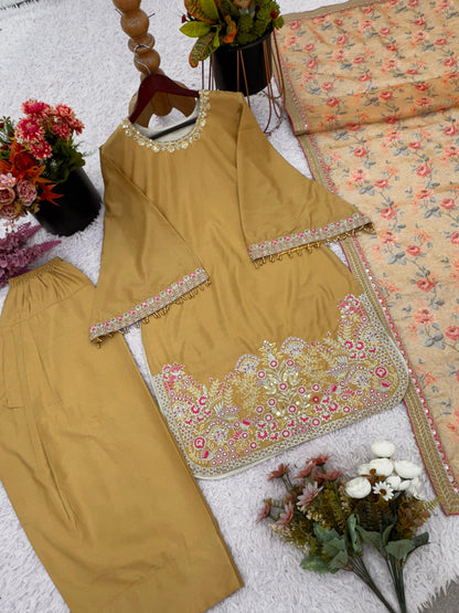 Mustard Color Designer French Crepe Silk Top, Farshi Pant, and Dupatta Set