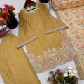 Mustard Color Designer French Crepe Silk Top, Farshi Pant, and Dupatta Set