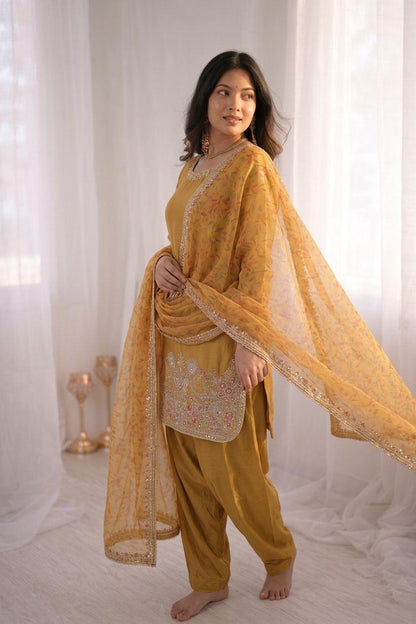 Mustard Color Designer French Crepe Silk Top, Farshi Pant, and Dupatta Set