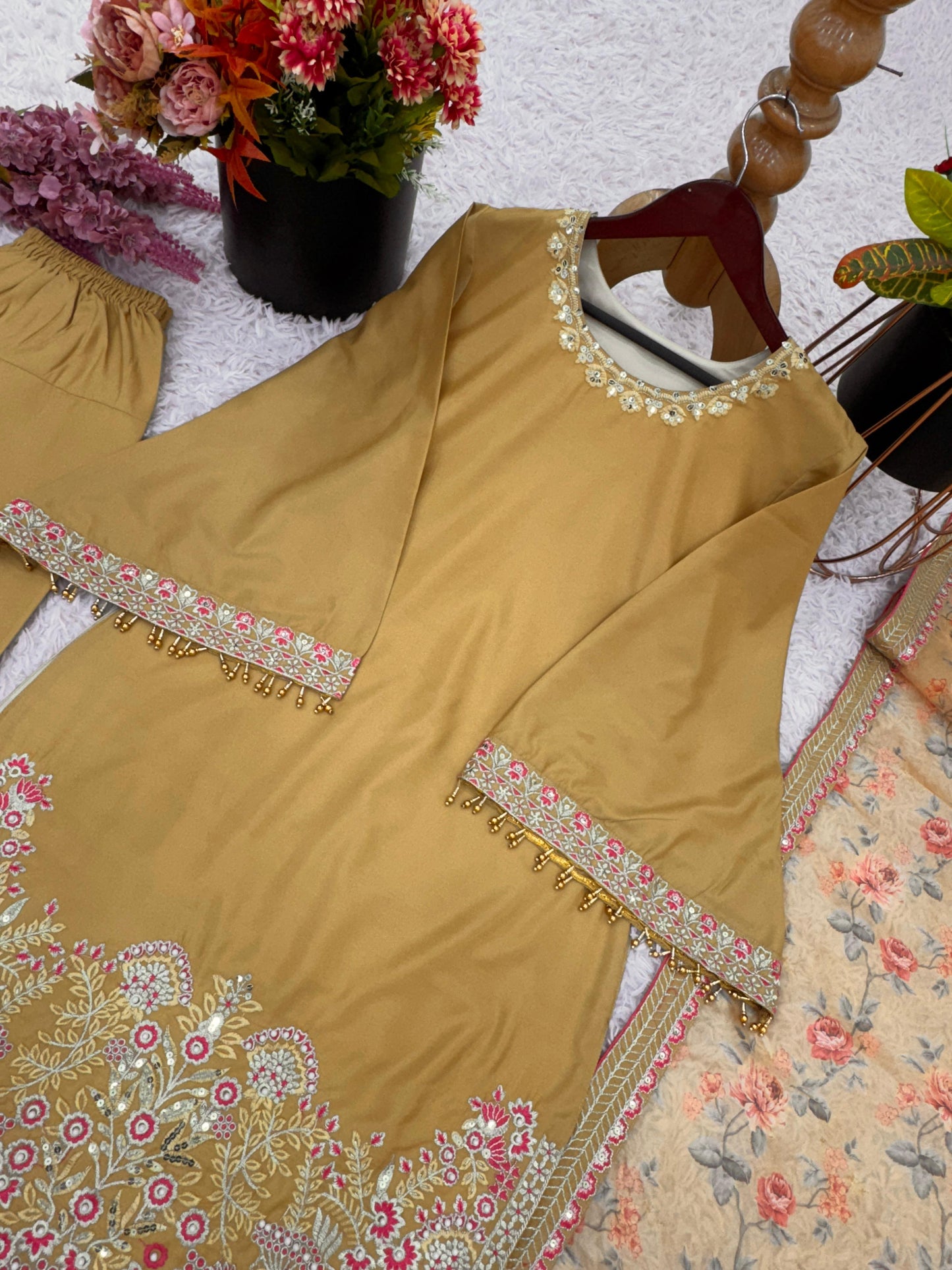 Mustard Color Designer French Crepe Silk Top, Farshi Pant, and Dupatta Set