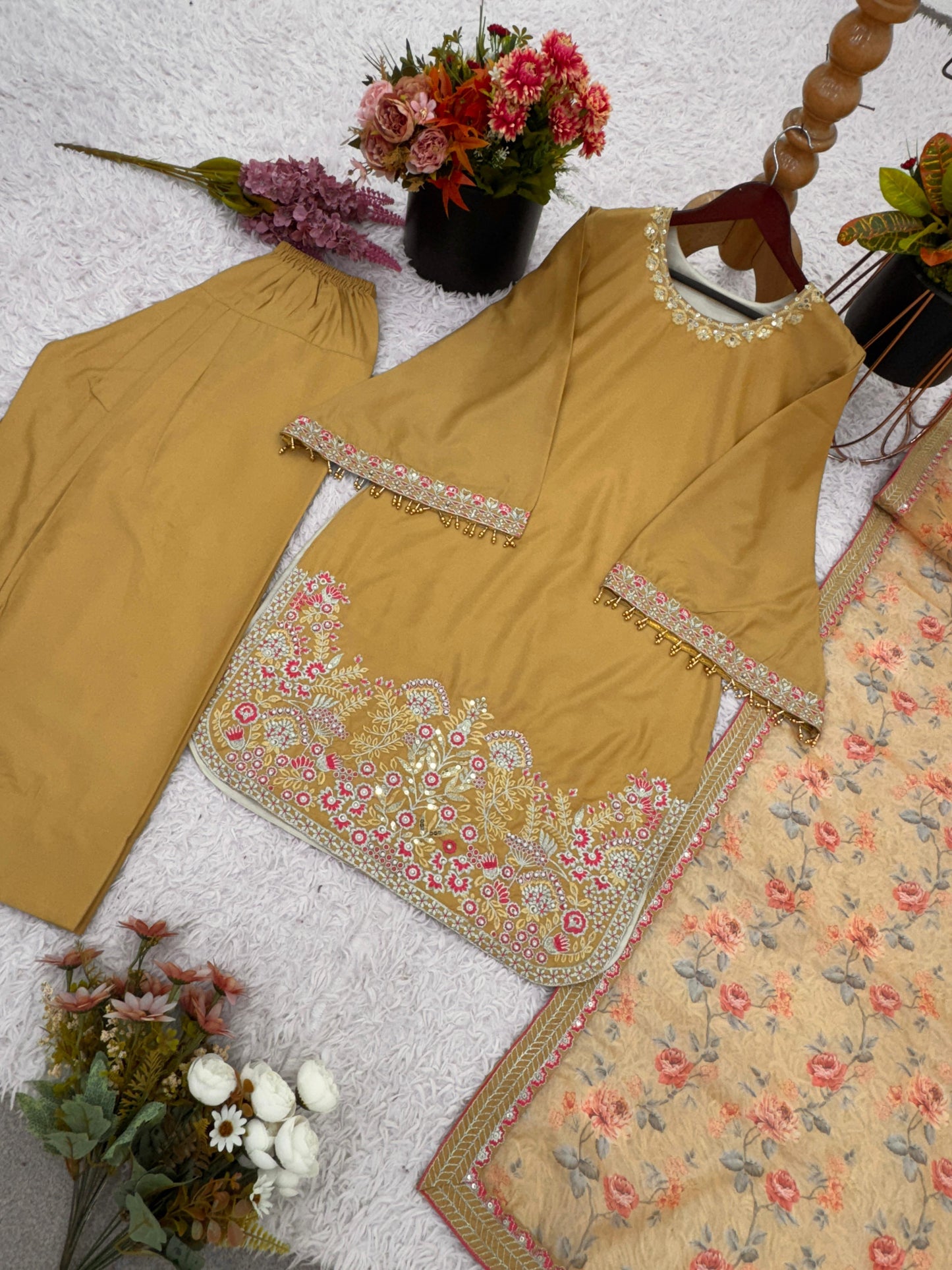 Mustard Color Designer French Crepe Silk Top, Farshi Pant, and Dupatta Set