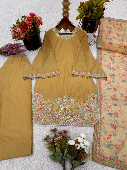 Mustard Color Designer French Crepe Silk Top, Farshi Pant, and Dupatta Set