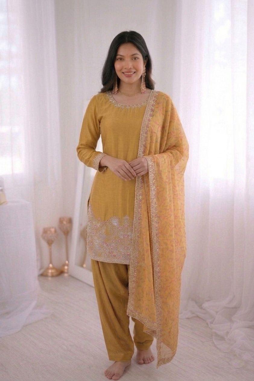Mustard Color Designer French Crepe Silk Top, Farshi Pant, and Dupatta Set