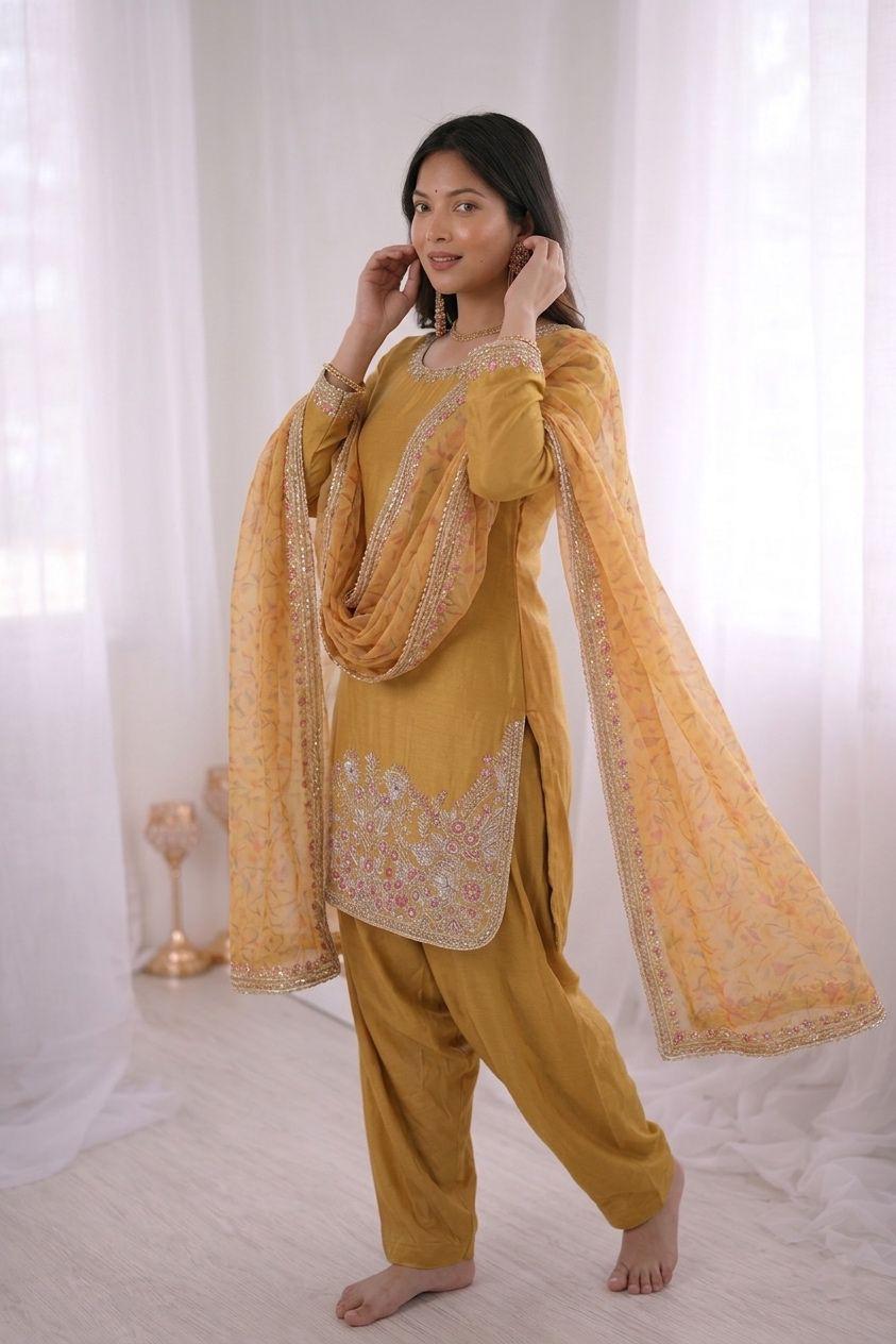 Mustard Color Designer French Crepe Silk Top, Farshi Pant, and Dupatta Set