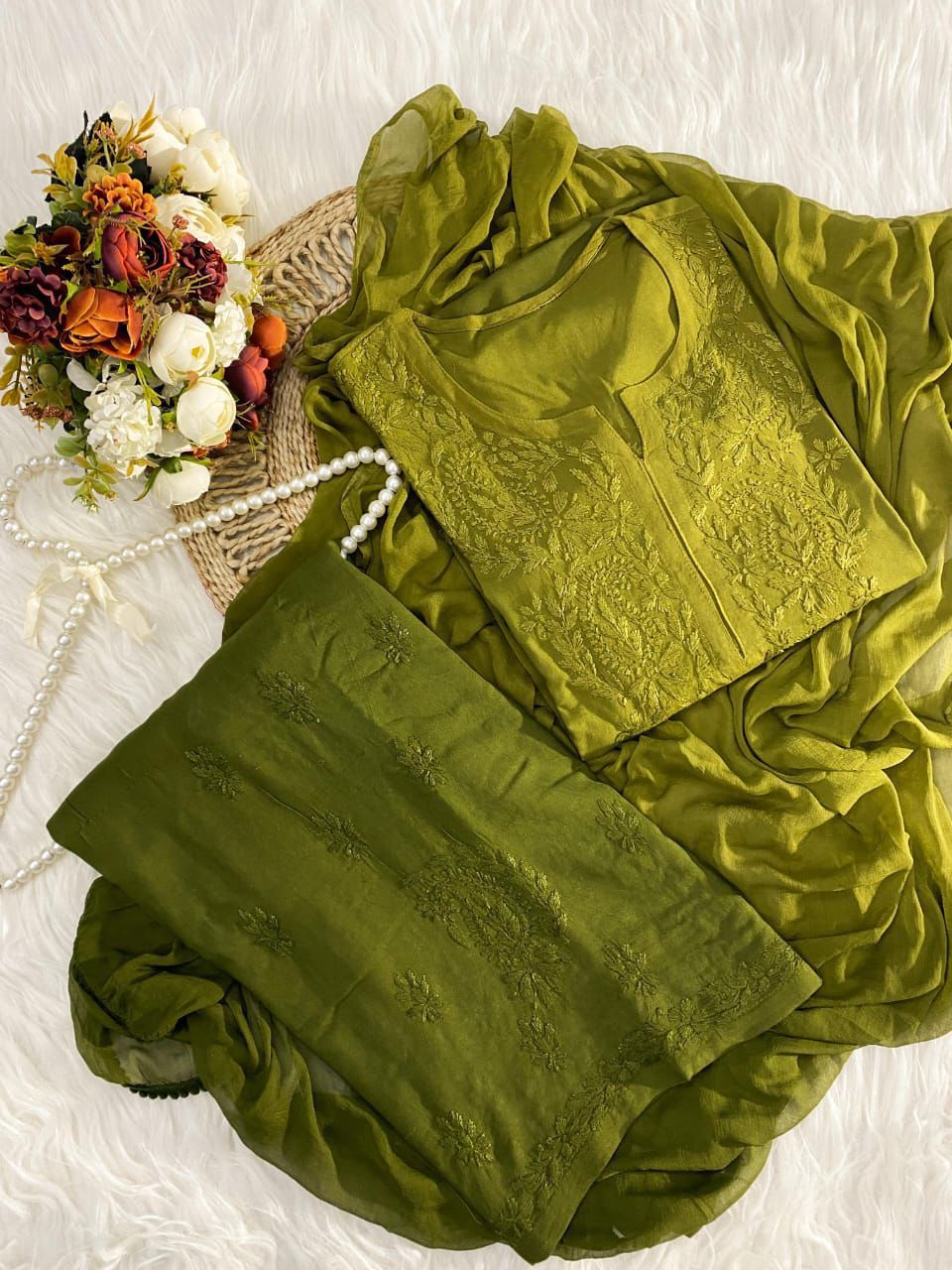 Olive Ombre Handcrafted Lucknow Chikankari Rayon 3-Piece Set Plus Sizes