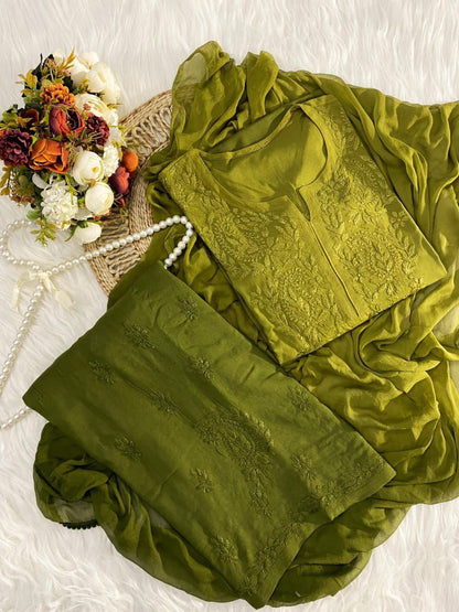 Olive Ombre Handcrafted Lucknow Chikankari Rayon 3-Piece Set Plus Sizes