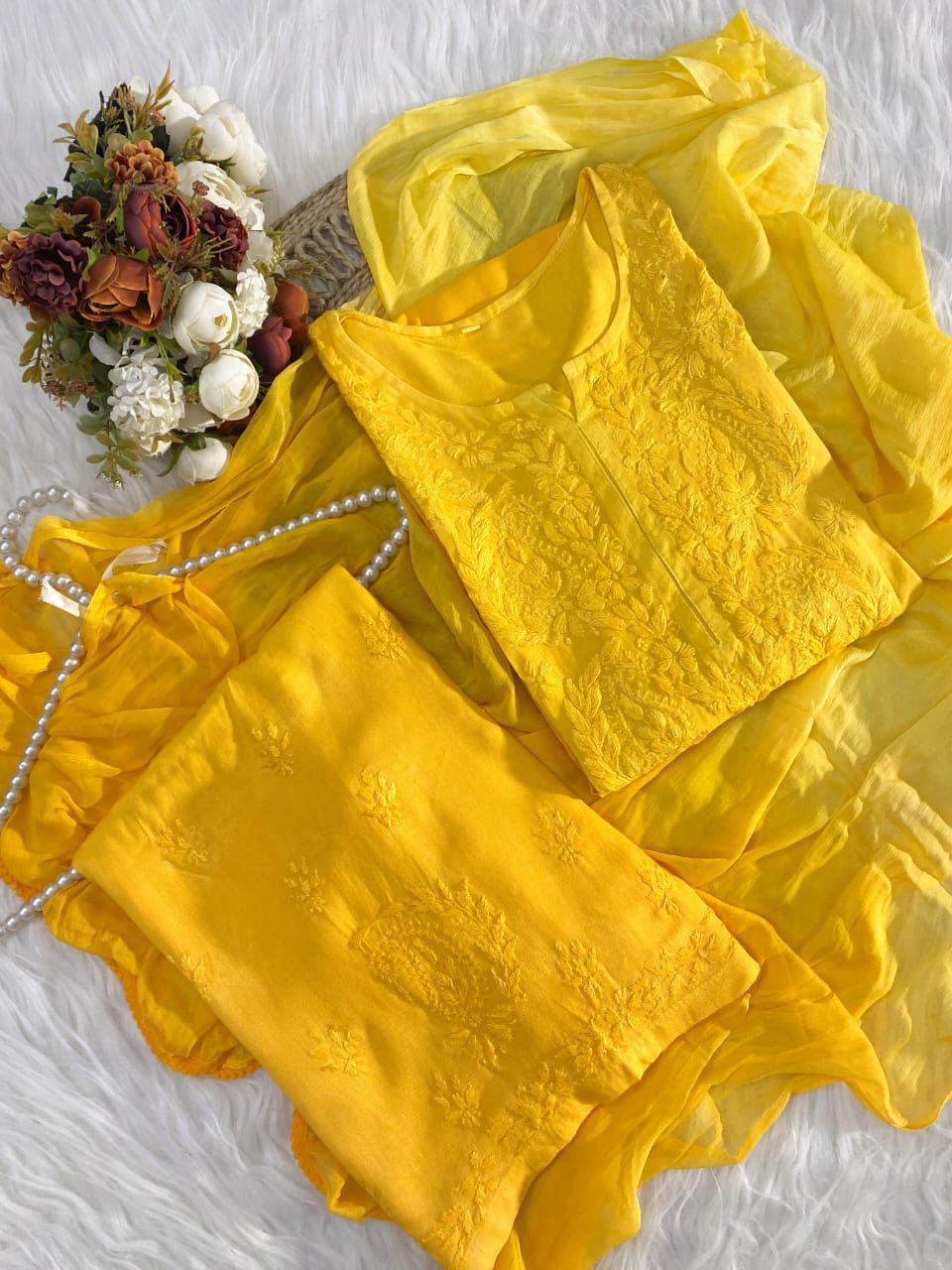 Yellow Ombre Handcrafted Lucknow Chikankari Rayon 3-Piece Set Plus Sizes