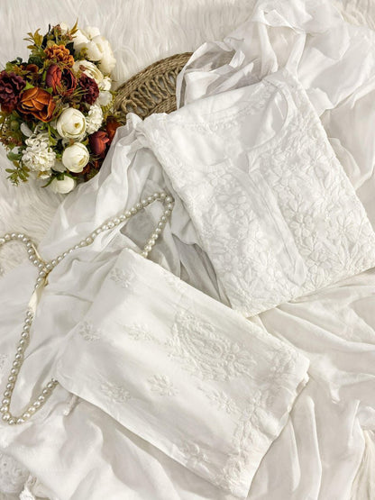 White Handcrafted Lucknow Chikankari Rayon 3-Piece Set Plus Sizes