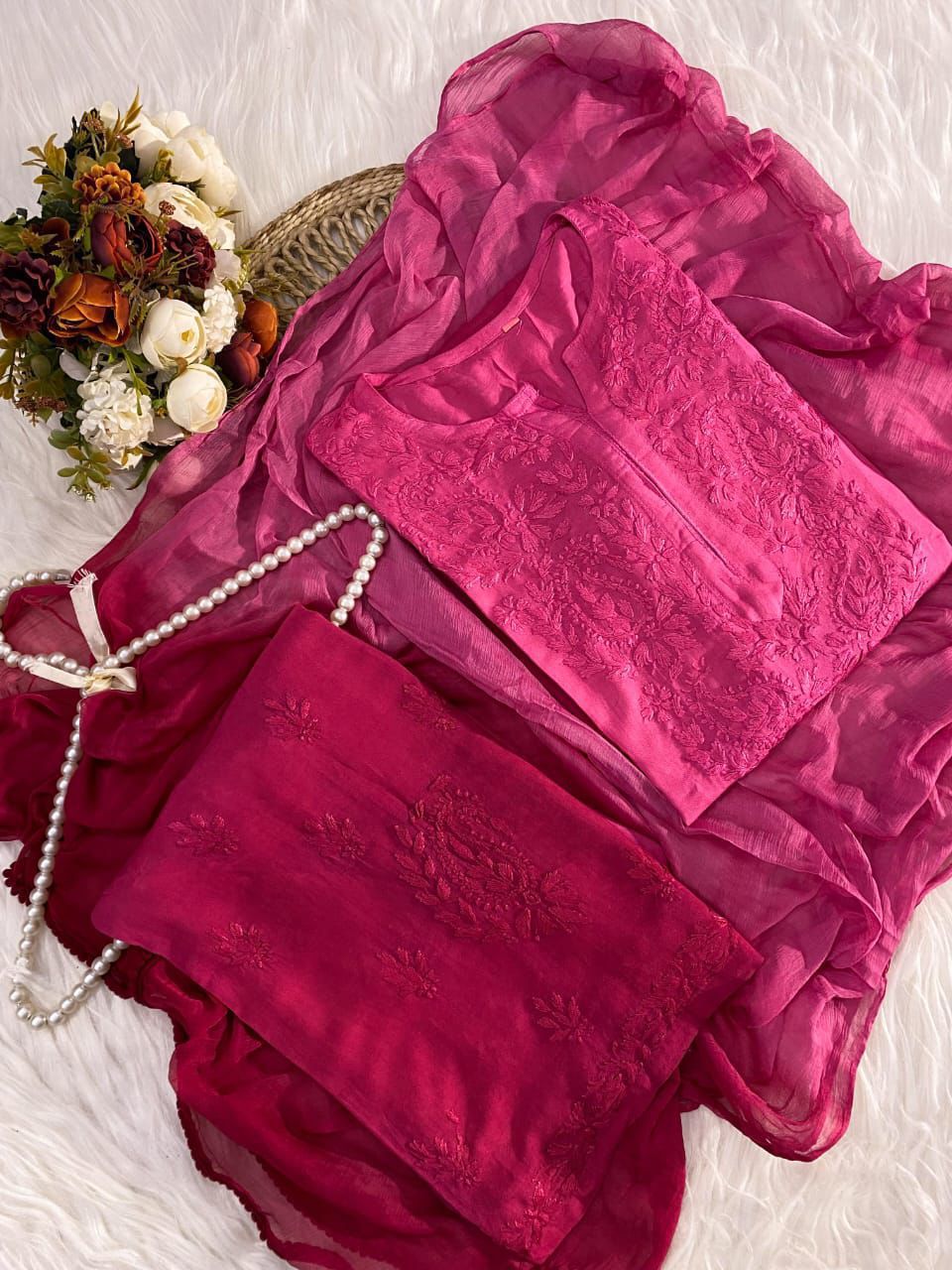 Pink Ombre Handcrafted Lucknow Chikankari Rayon 3-Piece Set Plus Sizes
