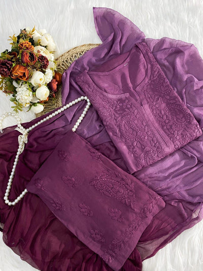 Purple Ombre Handcrafted Lucknow Chikankari Rayon 3-Piece Set Plus Sizes