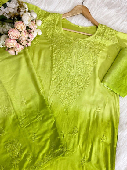 Lime Green Ombre Handcrafted Lucknow Chikankari Rayon 3-Piece Set Plus Sizes