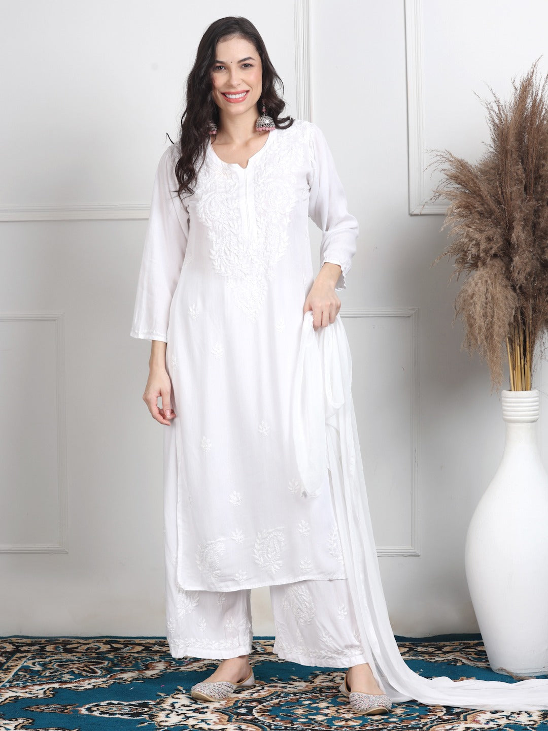 White Handcrafted Lucknow Chikankari Rayon 3-Piece Set Plus Sizes