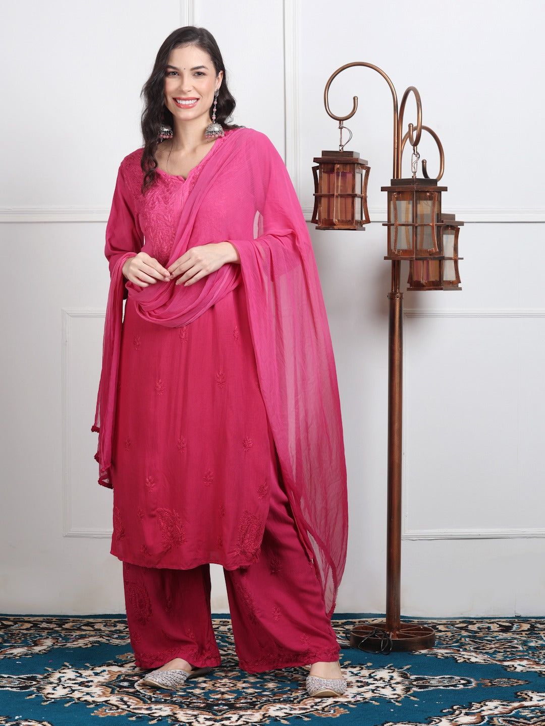 Pink Ombre Handcrafted Lucknow Chikankari Rayon 3-Piece Set Plus Sizes