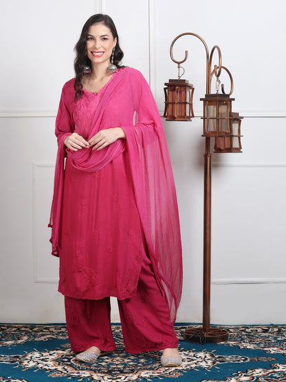 Pink Ombre Handcrafted Lucknow Chikankari Rayon 3-Piece Set Plus Sizes