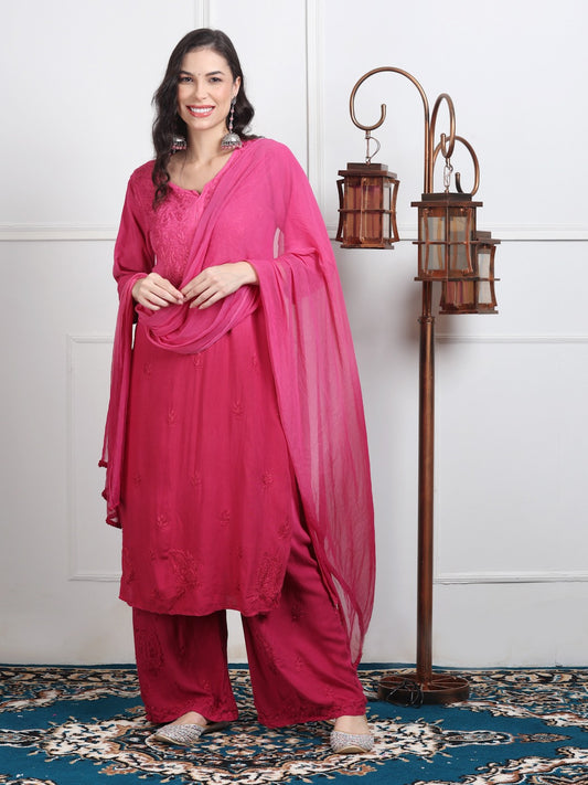Pink Ombre Handcrafted Lucknow Chikankari Rayon 3-Piece Set Plus Sizes