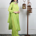 Lime Green Ombre Handcrafted Lucknow Chikankari Rayon 3-Piece Set Plus Sizes
