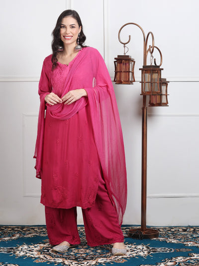 Pink Ombre Handcrafted Lucknow Chikankari Rayon 3-Piece Set Plus Sizes